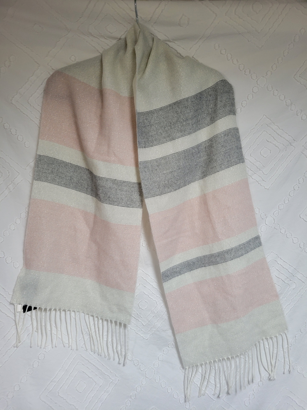 Steve Madden Pink, Gray & Cream Striped Fringe Scarf